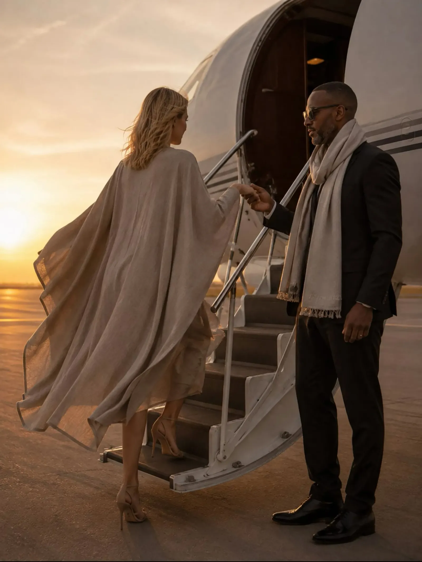 Un couple au coucher du soleil, devant un jet privé, vêtu de pièces Ekhnii